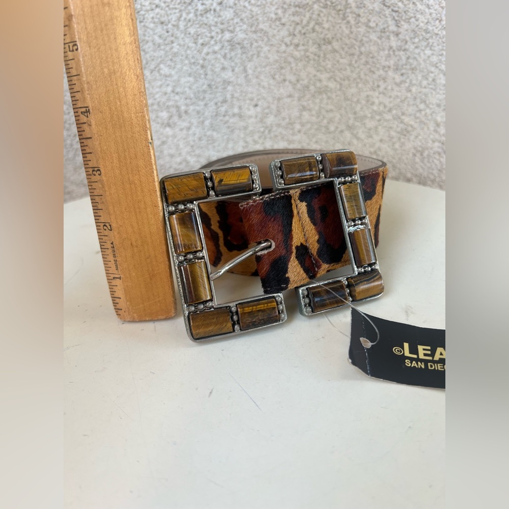 Leatherock glam belt leather leopard print buckle tiger eye stones Sz 36 NWT. - Picture 7 of 11